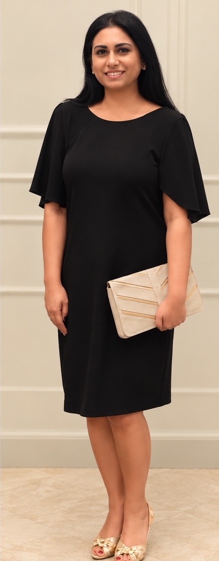 Founder in a black dress with flutter sleeves, holding a cream clutch